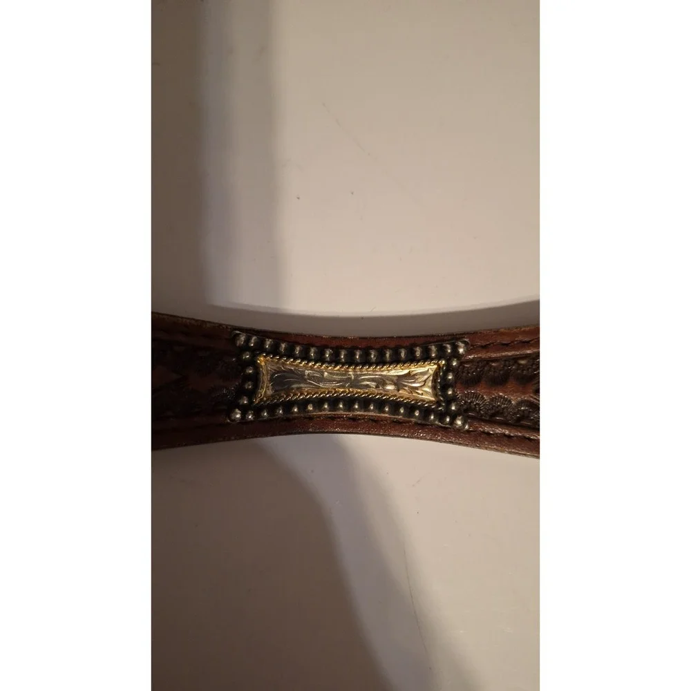 VINTAGE WESTERN LEATHER CONCHO BELT BROWN TOOLED BRAIDED SILVER Sz 28